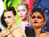 Three women with dramatic makeup and hairstyles against vibrant green, red, and blue backgrounds.