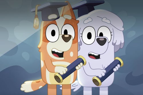 Bingo and Lila, both teens, stand side by side in graduation caps.