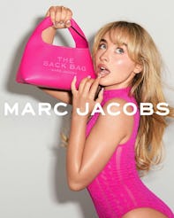 sabrina carpenter wears a neon bodysuit for marc jacobs fashion campaign for the sack bag