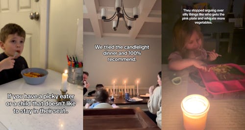 Screenshots of tik toks explaining the candle at dinner hack for kids.