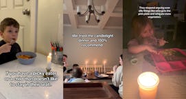 Screenshots of tik toks explaining the candle at dinner hack for kids.