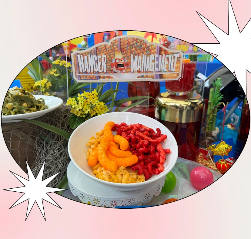 A comic-themed display featuring a bowl of colorful cereal with various snacks and vibrant decoratio...