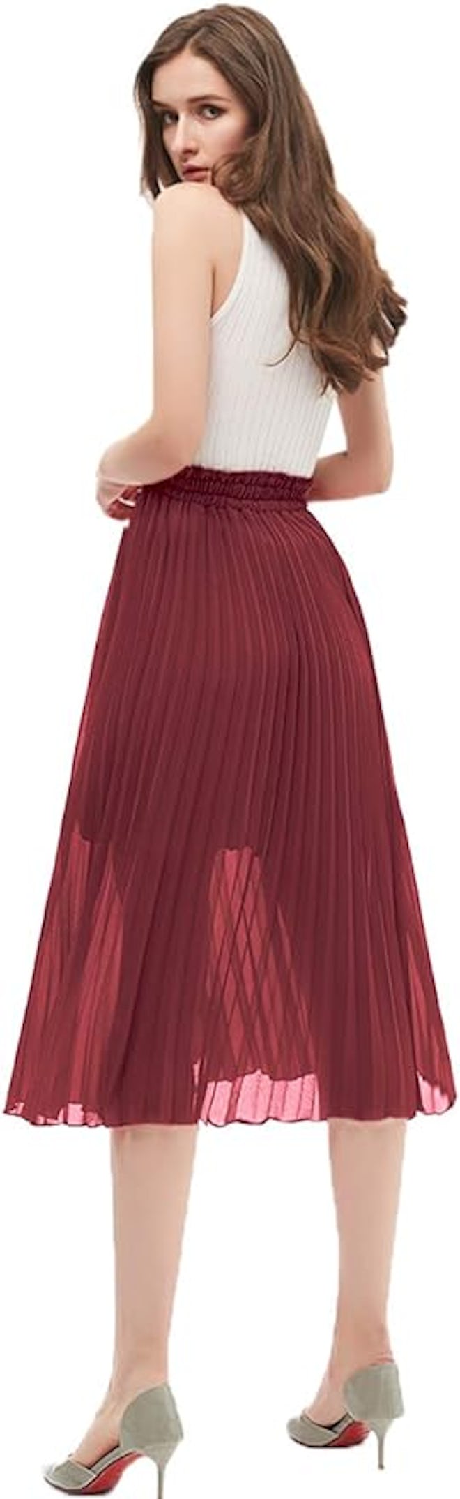 GOOBGS Pleated Plus Size A-Line Flare Midi Skirt