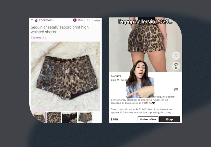 Online shopping screenshots of leopard print sequin shorts, displayed on Poshmark and Depop platform...