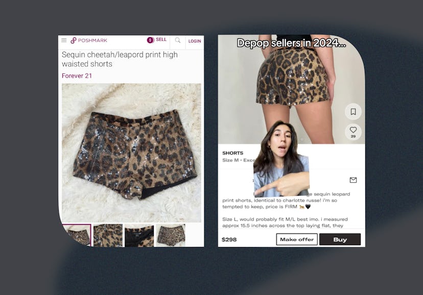 Online shopping screenshots of leopard print sequin shorts, displayed on Poshmark and Depop platform...