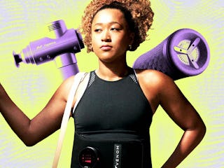 A woman holds a massage gun, wearing a waist belt for therapy and carrying a yoga mat, depicting exe...