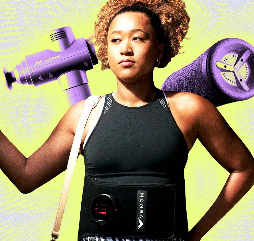 A woman holds a massage gun, wearing a waist belt for therapy and carrying a yoga mat, depicting exe...