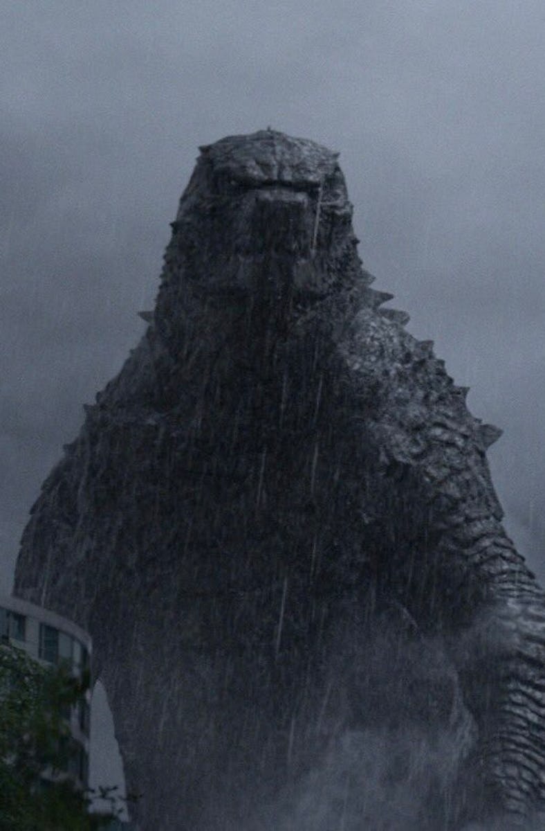 Godzilla stands between two buildings in 2014's 'Godzilla'
