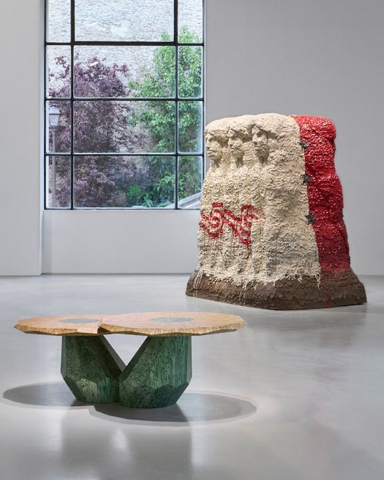Weon Rhee’s ’Primitive Structures (Botanical)' table and Raven Halfmoon’s ’Weeping Willow Women’ scu...