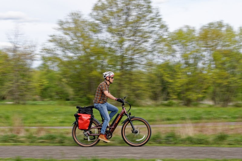 Michael Frank riding Radster trail cargo e-bike that goes 28 mph.