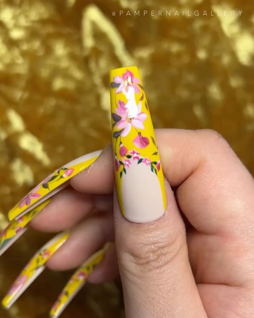 These yellow and pink floral French tip nails are inspired by ‘Bridgerton.'