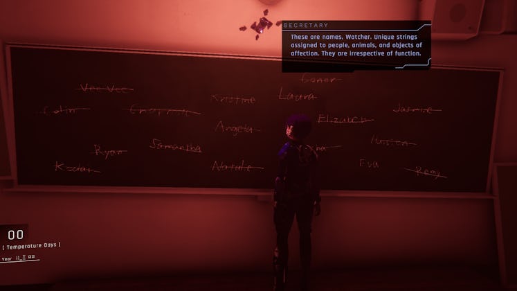 Watcher reading names on a blackboard in 1000xResist.