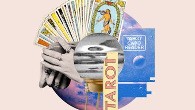 Collage featuring hands holding tarot cards and a crystal ball, with "Tarot" text overlay and celest...