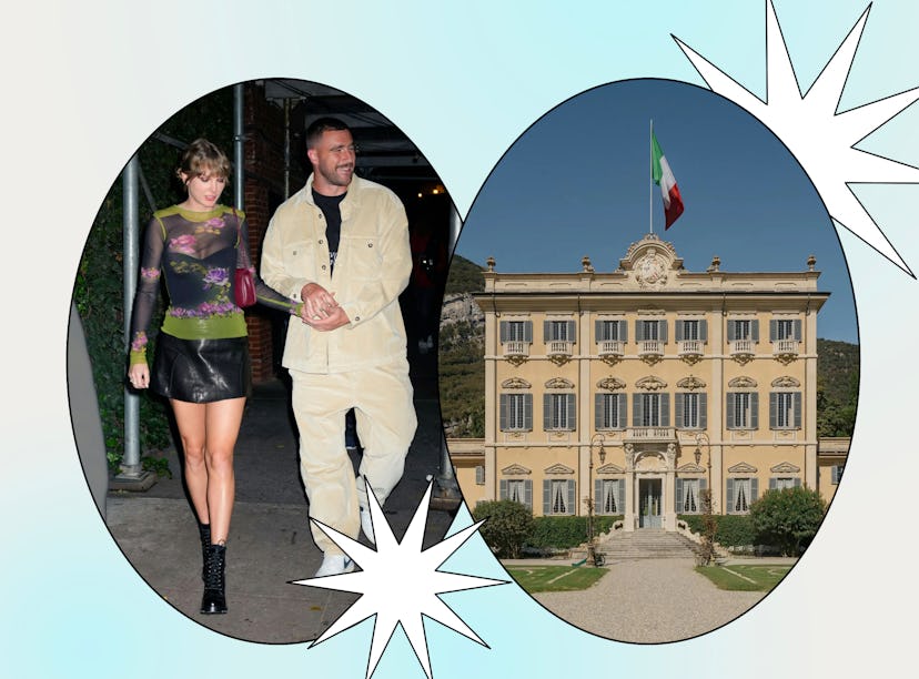 A split image of a couple walking hand in hand and a grand, ornate building with an Italian flag fly...