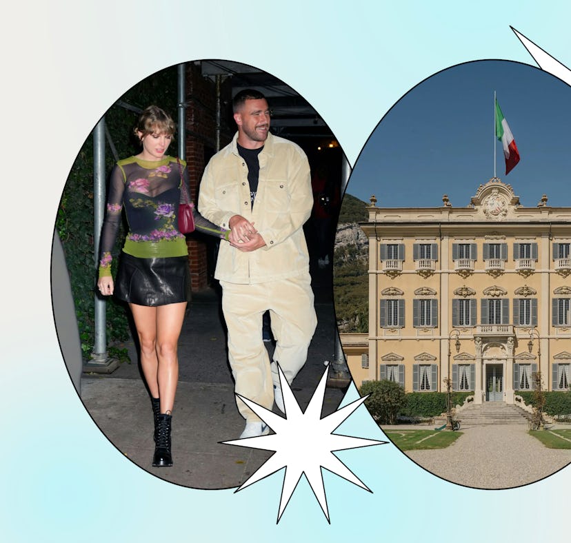 A split image of a couple walking hand in hand and a grand, ornate building with an Italian flag fly...