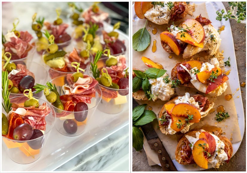 Baby shower ideas for appetizers, including charcuterie cups and crostini topped with peaches and bu...