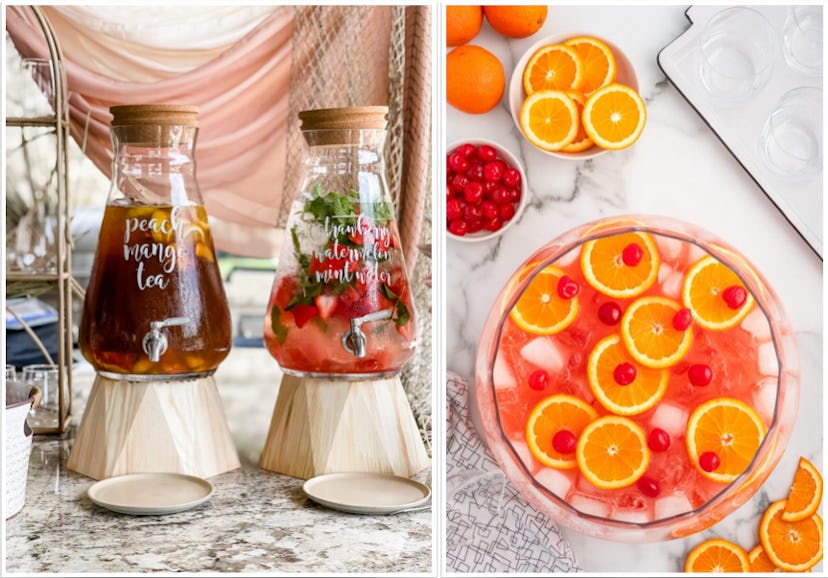 Baby shower ideas for drink dispensers and what to serve, like peach mango tea and Shirley Temple pu...