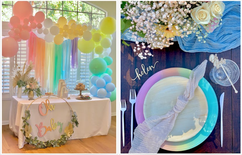 Rainbow baby baby shower ideas, including a balloon arch and backdrop and rainbow table settings.