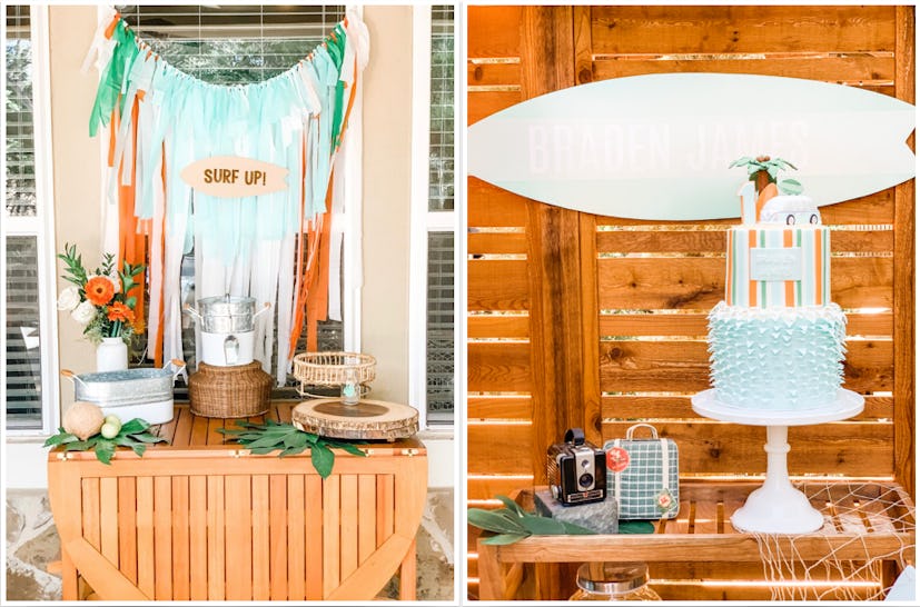 Baby on board baby shower ideas, including a tassle backdrop, drink station, and cake.