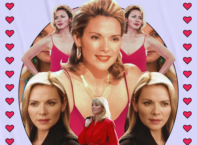 A collage of Samantha Jones surrounded by hearts