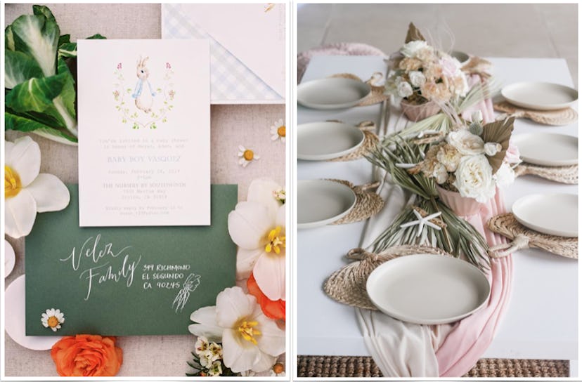 Baby shower theme ideas, with examples of Peter Rabbit-themed invitations and a beachy tablescape.