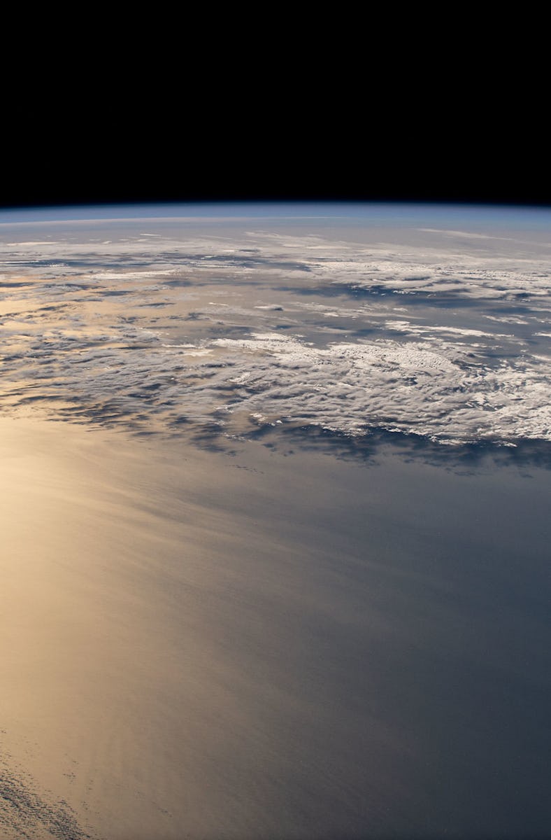 The sun's glint beams off the Atlantic Ocean revealing the island country of the Republic of Cabo Ve...