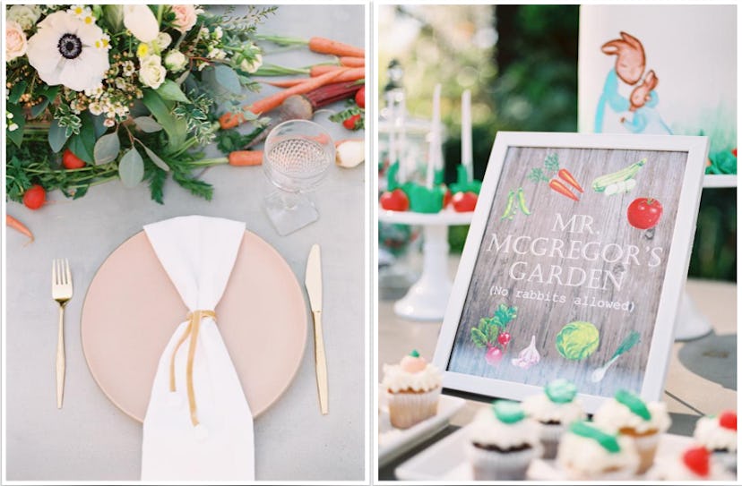 Baby shower ideas for a Peter Rabbit-themed shower, including table settings and signs for the food ...