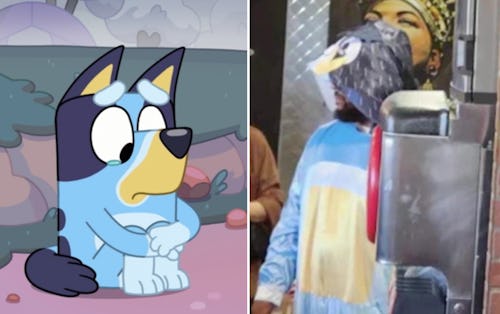 A still of Bluey and a man wearing a Bluey costume at an event.