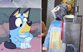 A still of Bluey and a man wearing a Bluey costume at an event.