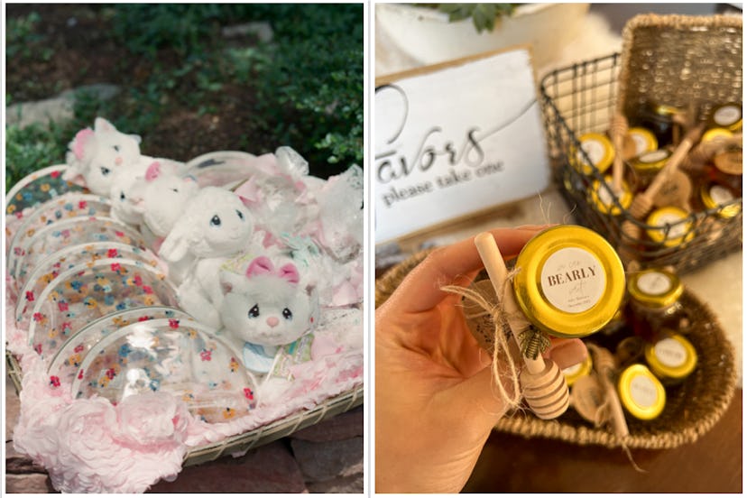 Baby shower ideas for favors, including clear makeup bags and stuffed animals, and mini jars of hone...
