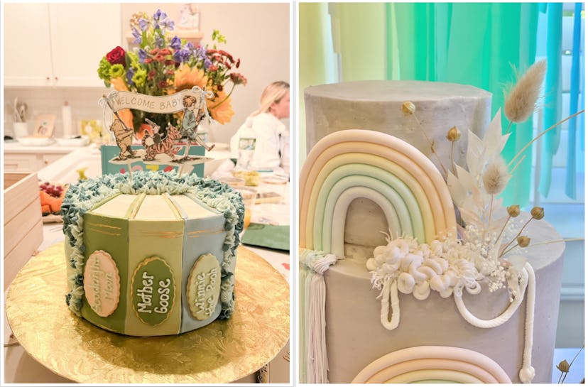 Baby shower ideas for cakes, including a storybook-themed cake and a rainbow baby shower cake.