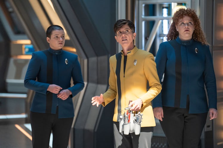 Adira (Blu del Barrio as), Jett Reno (Tig Notaro), and Tilly (Mary Wiseman) face a Star Trek-y probl...