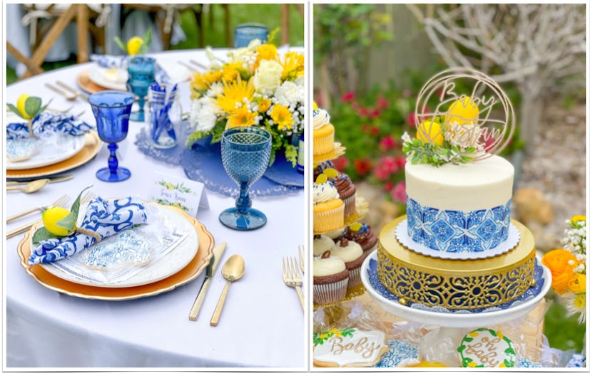 Baby shower ideas for a Ciao baby Italian-themed shower, including blue and white table settings and...