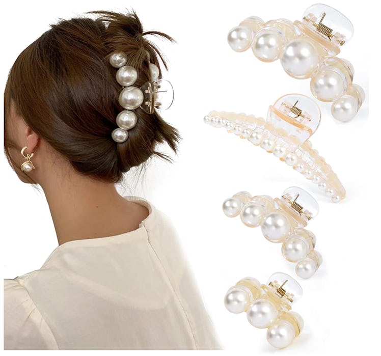 Mehayi Large Pearl Hair Claw Clips (4-Pack)