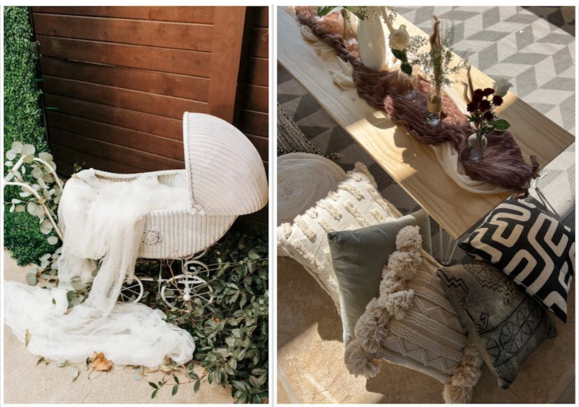 Baby shower ideas for decorations, a vintage baby carriage with white fabric spilling out and a boho...