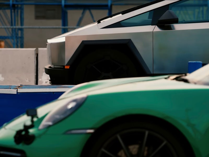 Tesla Cybertruck against a Porsche 911