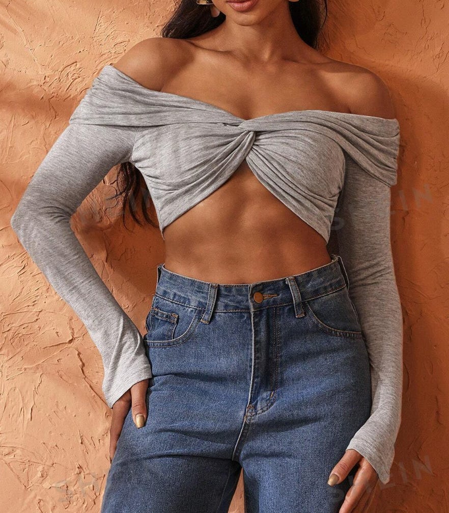 gray cropped off shoulder top