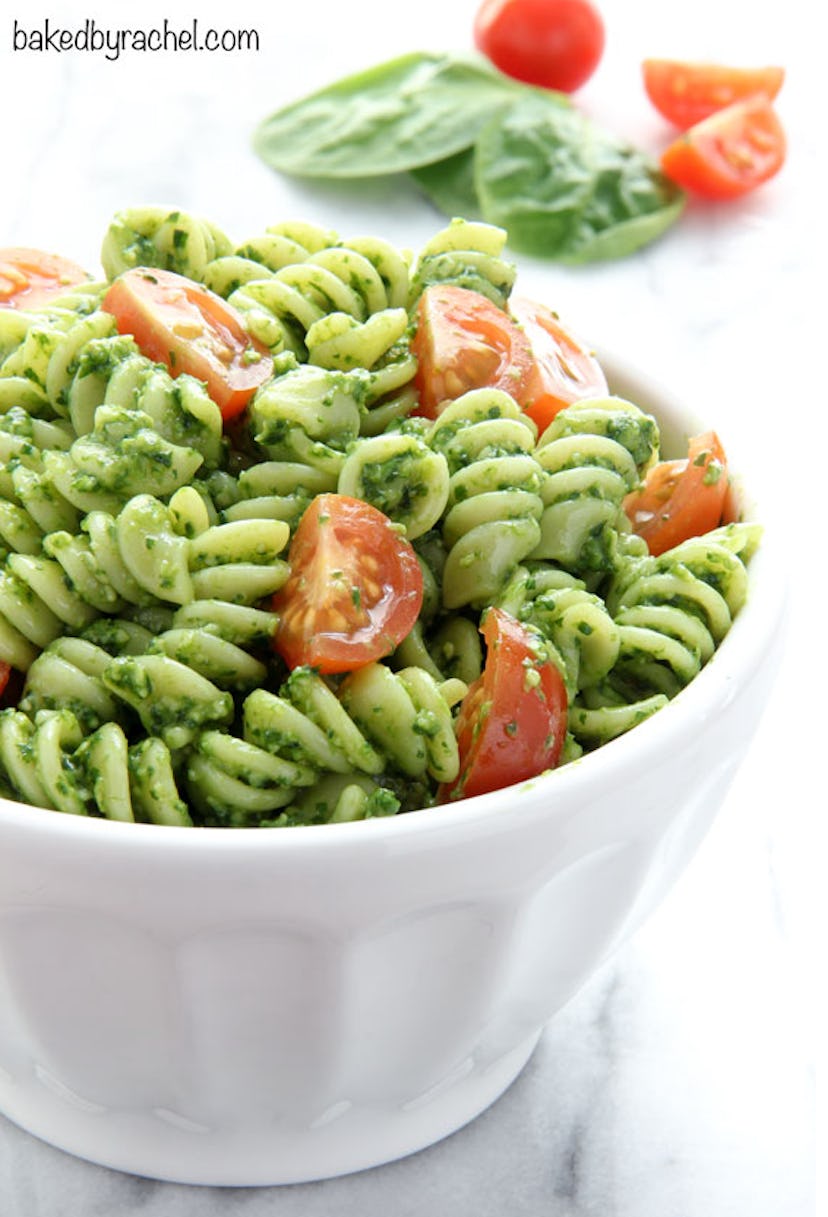 One make-ahead cookout side is this spinach pesto pasta salad.