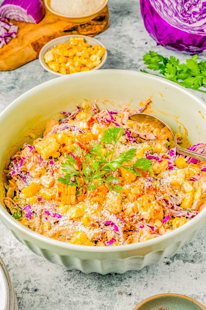 One make-ahead cookout side is this Mexican street corn coleslaw.