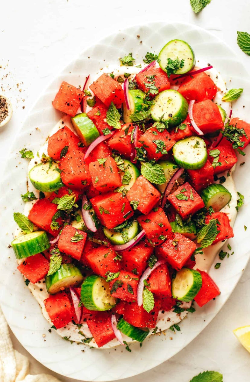 Watermelon salad with whipped feta is one of the best make-ahed cookout side.