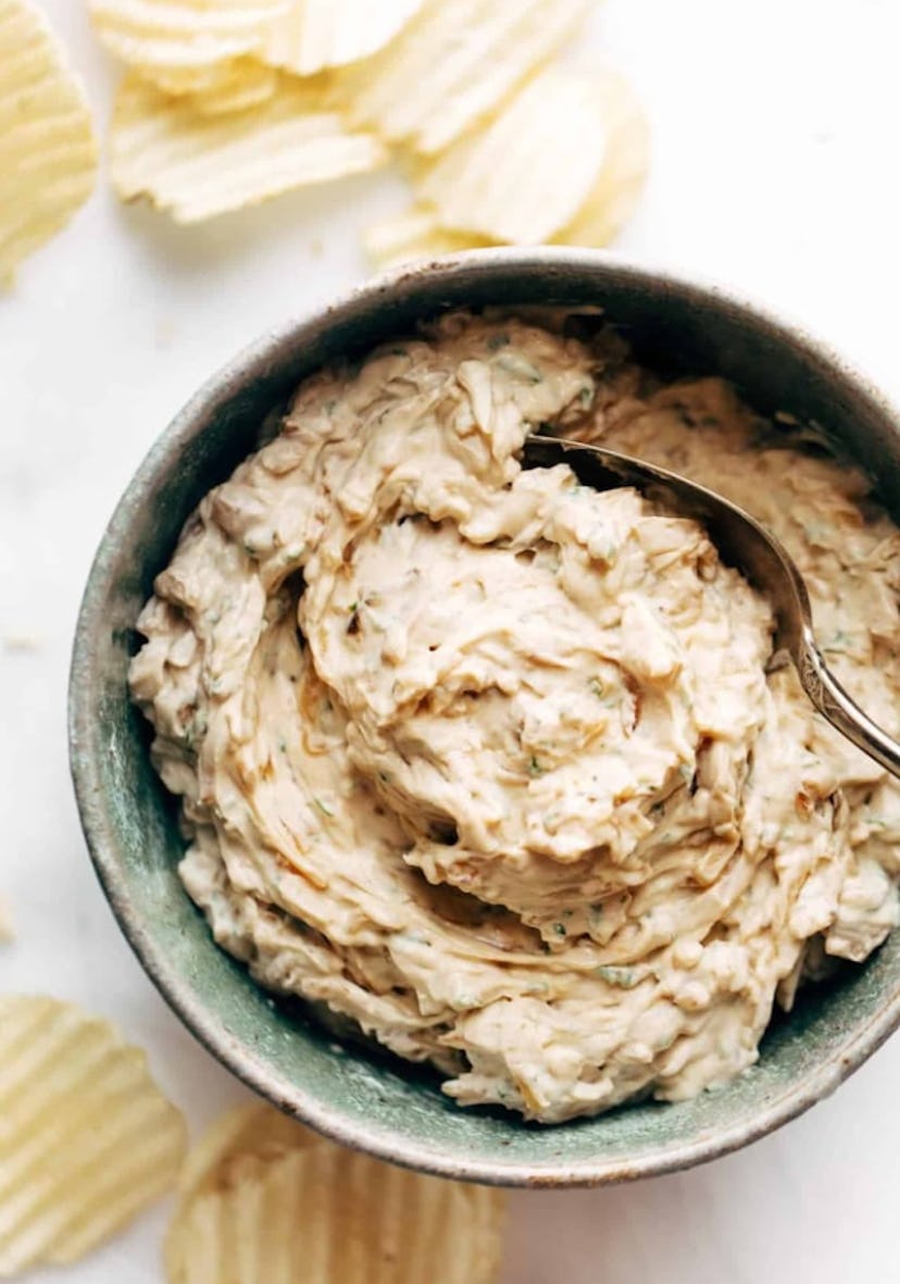 One make-ahead cookout side is this caramelized onion dip.
