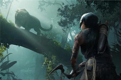 Lara Croft stares down a panther in a tree