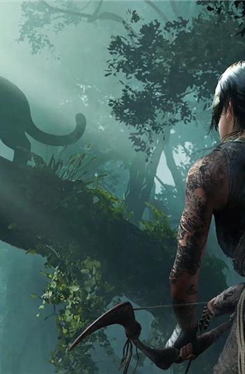 Lara Croft stares down a panther in a tree