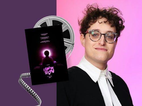 Person with curly hair wearing glasses and a bow tie smiles against a pink and purple gradient backg...