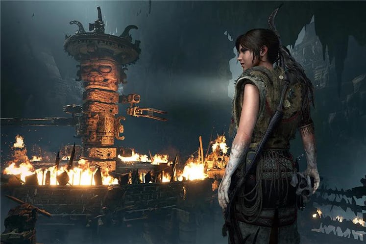 Lara Croft surveying an ancient, underground temple.