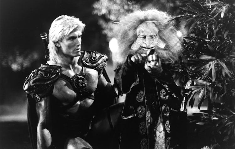 Dolph Lundgren and Billy Barty search for the Cosmic Key in a scene from the film 'Masters Of The Un...