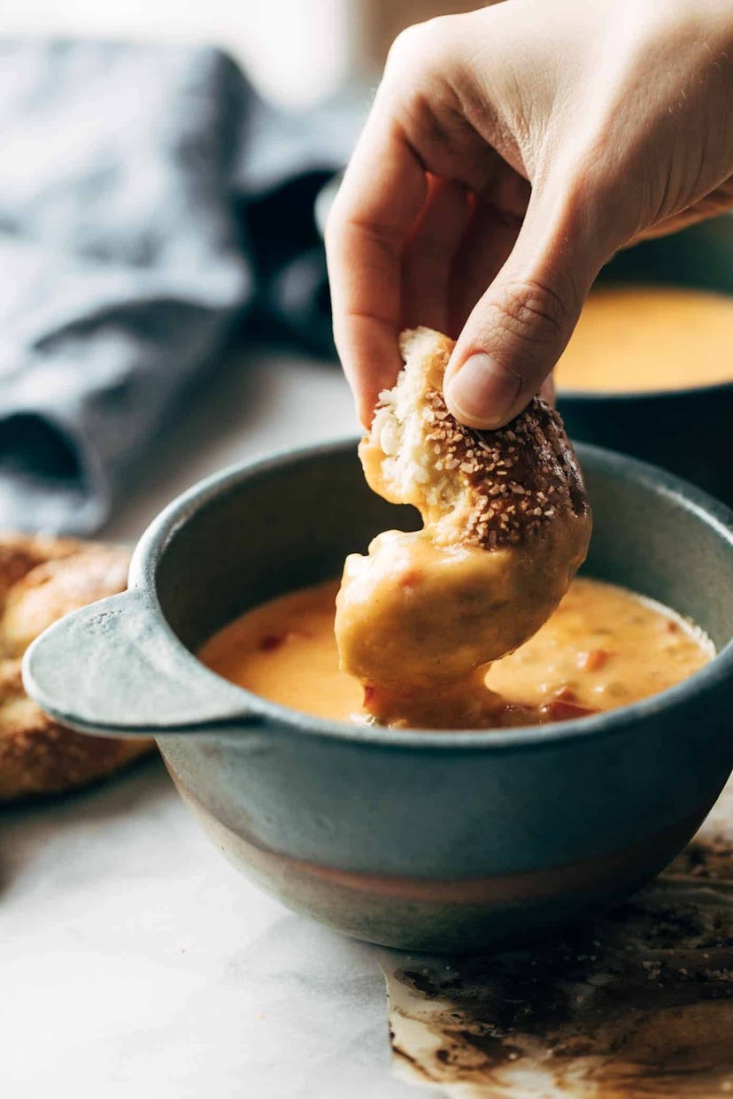 beer cheese soup with soft pretzel kentucky derby food