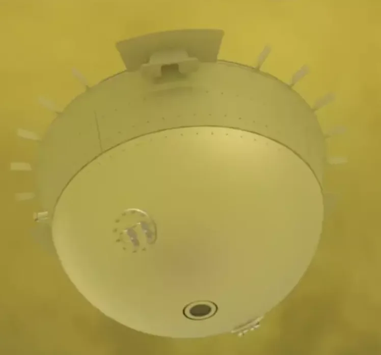 illustration of a hemispherical metal object falling through yellow clouds