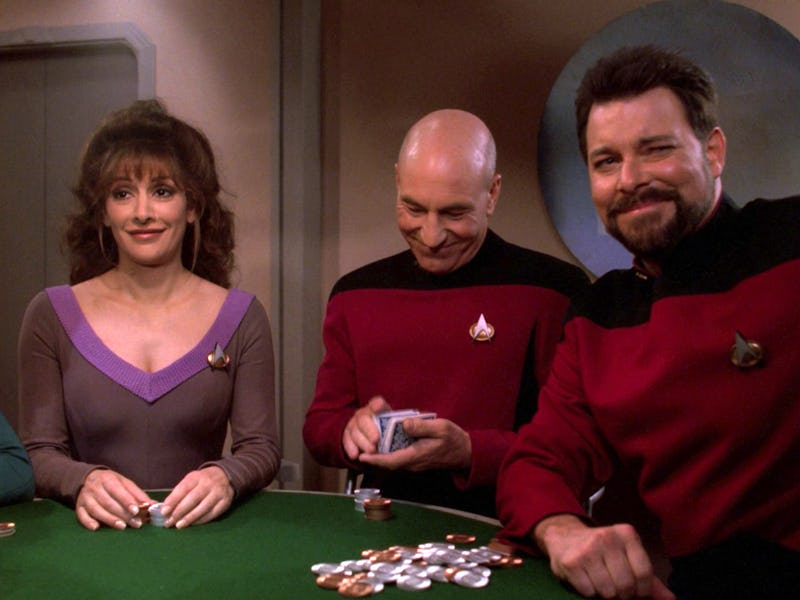 Marina Sirtis, Patrick Stewart, and Jonathan Frakes in "All Good Things..."