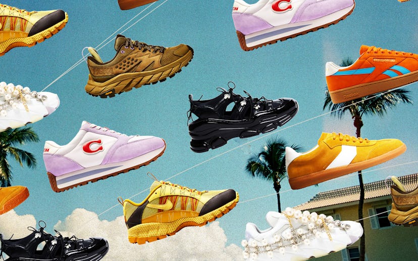 Collage of various stylish sneakers floating against a tropical sky backdrop with palm trees and clo...